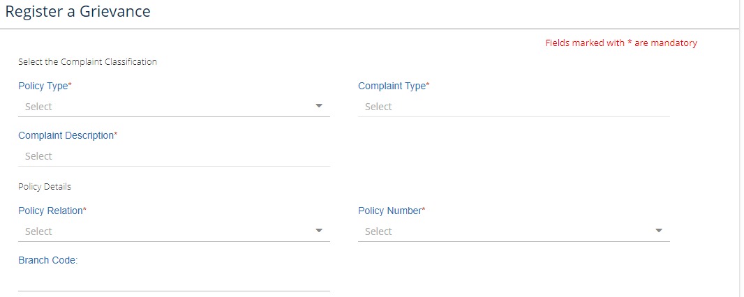 Online Complaint Registration Form of LIC (Screenshot)