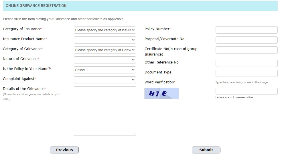 Online Grievance form guide, National Insurance (Screenshot)