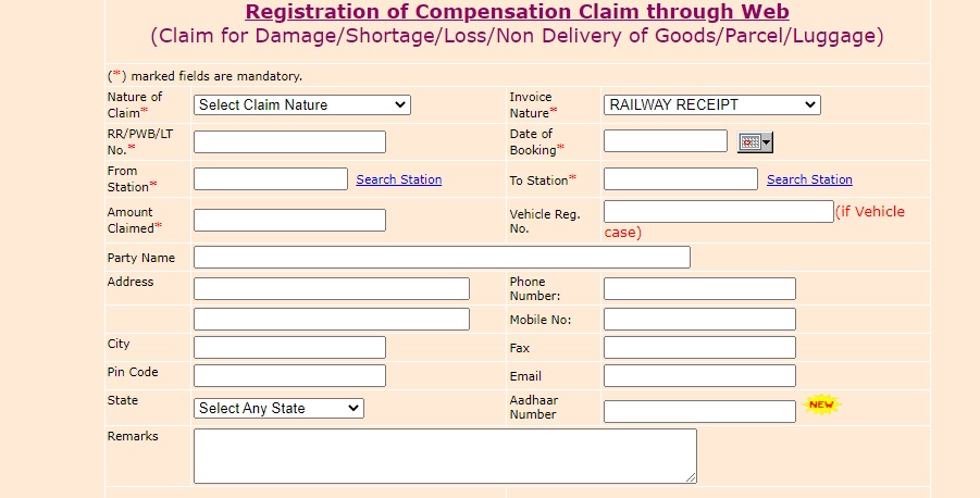 Online form of Railway Compensation Claims for goods and parcel (screenshot of form)