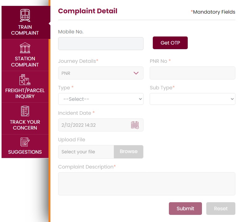Rail Madad Online Complaint Registration Guidance (Screenshot)
