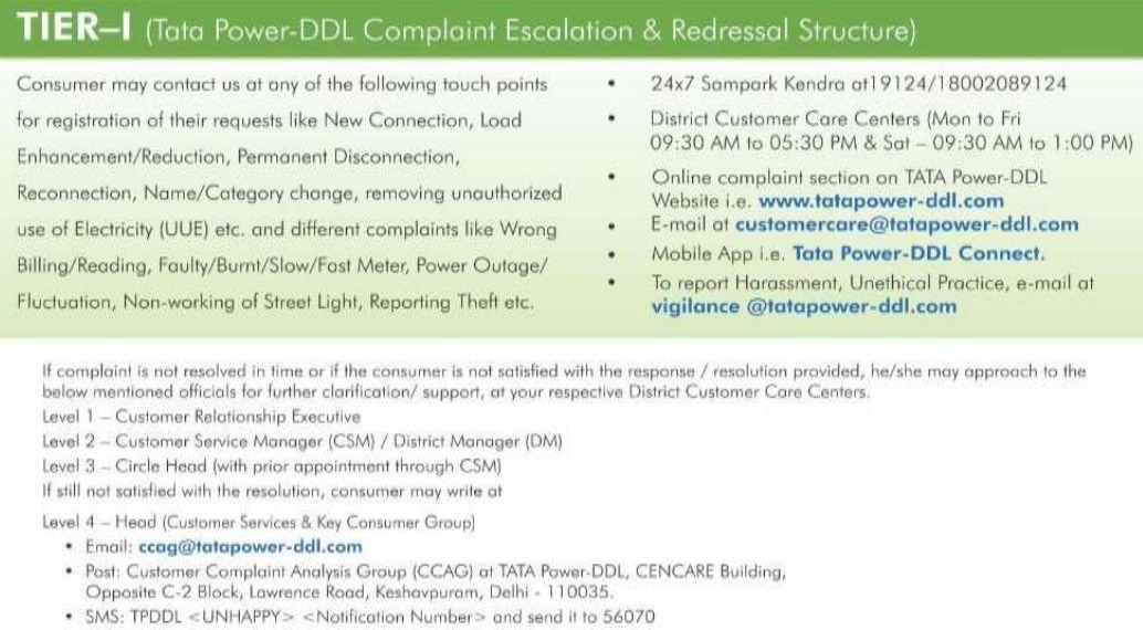 Tier 1 Electricity Complaint Registration Process - Tata Power-DDL
