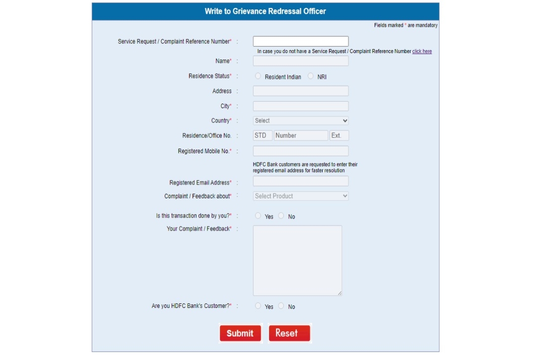 Webform to file a complaint online with Grievance officer, HDFC Bank